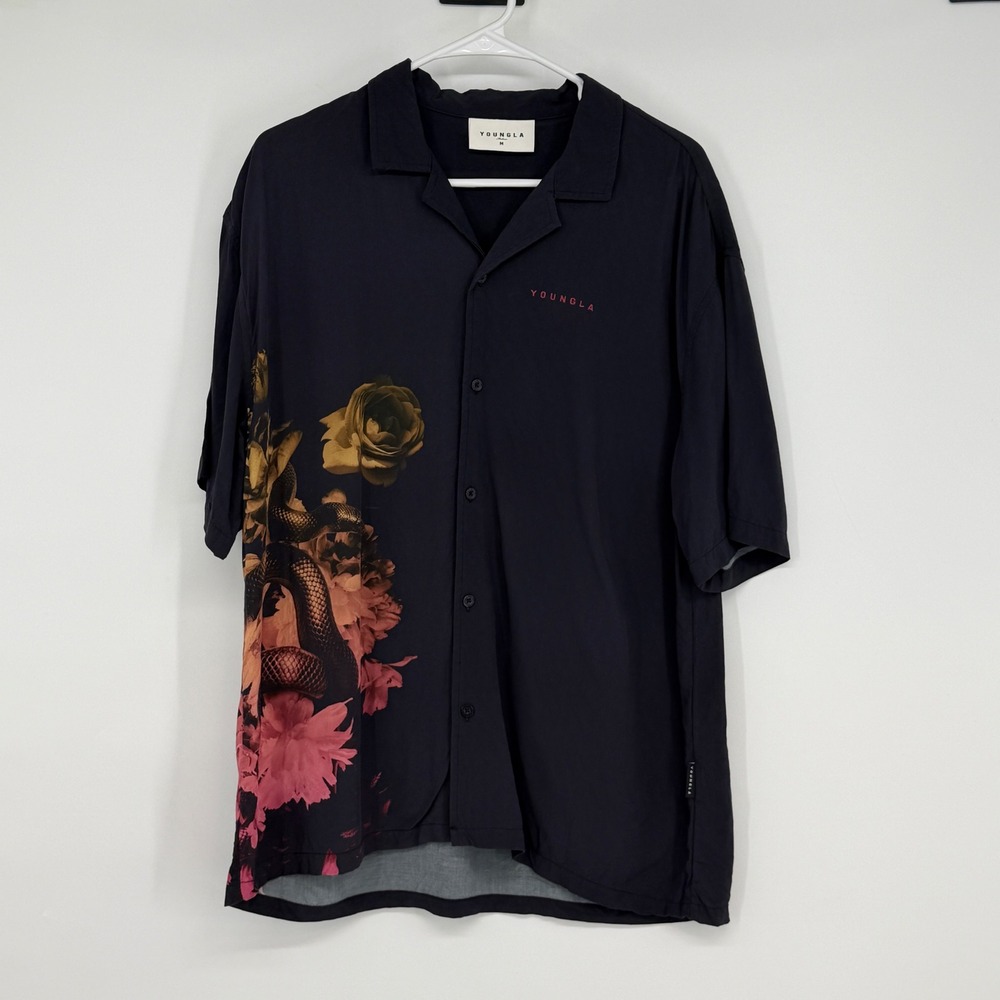 YoungLA Mens Black Snake Floral Viscose‎ Short Sleeve Button Up M Streetwear
